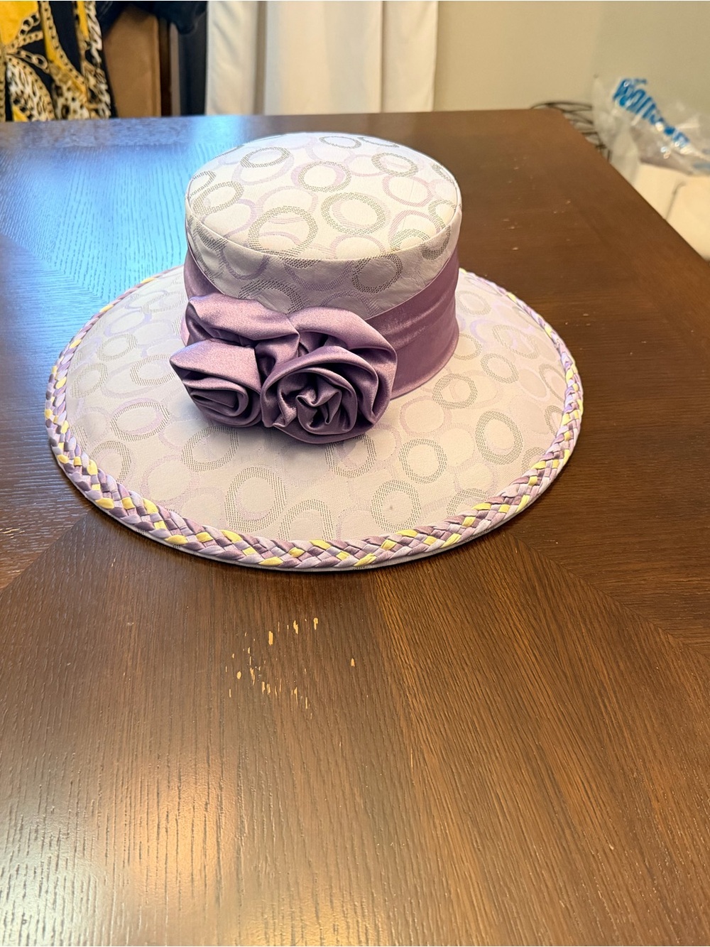 Elegant Lavender Women's Wide-Brim Dress Hat with Rosette Trim